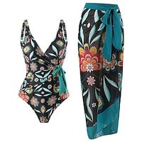 Women's Swimwear One Piece Beach Bottom 2 Piece Normal Swimsuit 2 Piece Printing Floral Black Yellow Bodysuit Bathing Suits Sports Beach Wear Holiday Lightinthebox - thumbnail