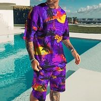 Men's T-shirt Suits Tennis Shirt 3D Print Graphic Patterned Coconut Tree Crew Neck Street Daily Print Short Sleeve Tops 2pcs Lightweight Basic Essential Casual Fashion Black and Red Blue Purple Lightinthebox - thumbnail