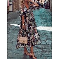 Women's Casual Dress Summer Dress Floral Print V Neck Midi Dress Streetwear Street Holiday Half Sleeve Loose Fit Black Summer S M L XL 2XL Lightinthebox