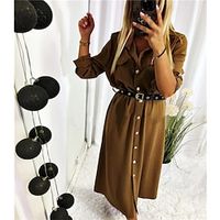 Women's Shift Dress Midi Dress Dark Green Brown Long Sleeve Pure Color Button Pocket With Belt Winter Fall Shirt Collar Fashion Elegant Fall Dress 2022 S M L XL 2XL / Winter Dress miniinthebox - thumbnail