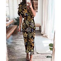 Women's Shirt Dress Maxi long Dress Blue Purple Yellow Light Brown Fuchsia Gray Rainbow Orange Black Brown Short Sleeve Floral Color Block Print Summer Shirt Collar Casual 2021 S M L XL miniinthebox - thumbnail