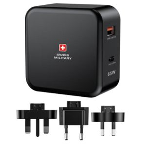 Swiss Military Powertron Multifunctional Adaptor 65 Watt USB C PD Fast Charger, Dual Port, Type C QC3.0 Wall, Black - SM-AC-PH65W-BLK ( UAE Delivery Only)