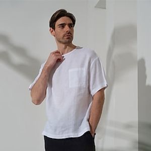 100% Linen Front Pocket Men's Shirt Linen Shirt Black White Short Sleeve Plain Crew Neck Summer Outdoor Daily Clothing Apparel Lightinthebox