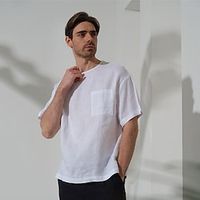 100% Linen Front Pocket Men's Shirt Linen Shirt Black White Short Sleeve Plain Crew Neck Summer Outdoor Daily Clothing Apparel Lightinthebox - thumbnail
