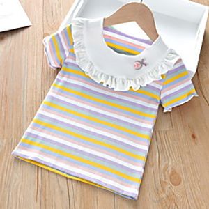 Kids Girls' Tee Short Sleeve Striped Print Purple Yellow Blushing Pink Children Tops All Seasons Basic Regular Fit 3-6 Y miniinthebox