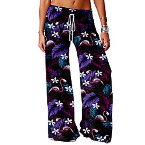 Women's Basic Soft Comfort Daily Home Chinos Pants Flamingo Leaves Print Full Length Elastic Drawstring Design Print Purple Red Green Lightinthebox