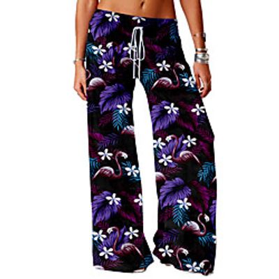 Women's Basic Soft Comfort Daily Home Chinos Pants Flamingo Leaves Print Full Length Elastic Drawstring Design Print Purple Red Green Lightinthebox