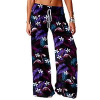 Women's Basic Soft Comfort Daily Home Chinos Pants Flamingo Leaves Print Full Length Elastic Drawstring Design Print Purple Red Green Lightinthebox - thumbnail