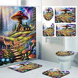 Mushroom Bathroom Deco 4 Pcs Shower Curtain Set Bathroom Sets Modern Home Bathroom Decor with Bath Mat U Shape and Toilet Lid Cover Mat and 12 Hooks Lightinthebox