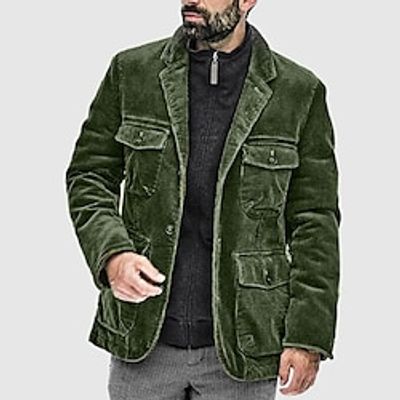 Men's Corduroy Jacket Shacket Outdoor Daily Wear Warm Fall Winter Plain Fashion Streetwear Lapel Regular Black Army Green Dark Gray Jacket Lightinthebox