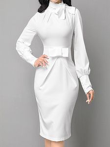 Bow Collar Long Sleeve White Dress