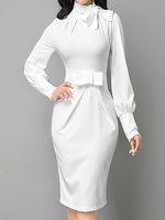 Bow Collar Long Sleeve White Dress - thumbnail