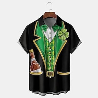 Graphic Four Leaf Clover Beer Casual Men's Shirt Weekend Theme Party events Spring  Summer Turndown Short Sleeve Black S, M, L 4-Way Stretch Fabric Shirt Normal St. Patrick Lightinthebox