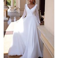 Simple Wedding Dresses A-Line V Neck Long Sleeve Floor Length Chiffon Bridal Gowns With Pleats Solid Color 2024 Lightinthebox - thumbnail