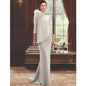 Sheath  Column Mother of the Bride Dress Formal Wedding Guest Elegant Scoop Neck Sweep  Brush Train Stretch Fabric 34 Length Sleeve with Feather 2023 Lightinthebox