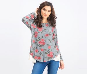 Womens Floral Layered Look Pullover Top   Grey Batik