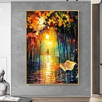Lover Rain Street Tree Lamp Handpainted Night Landscape Oil Painting On Canvas Palette Knife Abstract Landscape Modern Art Canvas Wall Art Decor No Frame Lightinthebox