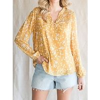 Women's Shirt Blouse Polka Dot Casual Puff Sleeve White Yellow Pink Print Long Sleeve Fashion V Neck Regular Fit Spring   Fall Lightinthebox