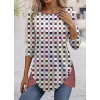 Women's T shirt Tee Plaid Pink Red Blue Print Button Long Sleeve Daily Weekend Fashion Round Neck Regular Fit Spring   Fall Lightinthebox - thumbnail