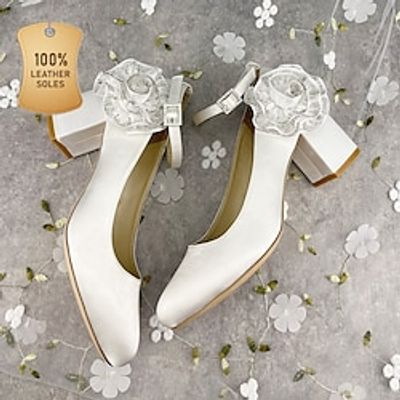 Women's Wedding Shoes Pumps Mary Jane Wedding Party Satin Flower Block Heel Round Toe Elegant Satin Ankle Strap White Lightinthebox