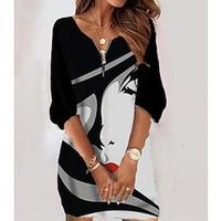 Women's Shift Dress Casual Dress Knee Length Dress Black Long Sleeve Abstract Zipper Print Fall Winter Crew Neck Casual 2022 S M L XL 2XL 3XL 4XL 5XL 6XL / 3D Print miniinthebox - thumbnail