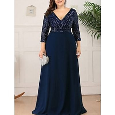Women's Plus Size Curve Party Dress Sequin Dress Chiffon Dress Plain Long Dress Maxi Dress 34 Length Sleeve Patchwork V Neck Fashion Party Navy Blue Fall Winter L XL XXL 3XL 4XL Lightinthebox Women's Plus Size Curve Party Dress Sequin Dress Chiffon Dress Plain Long Dress Maxi Dress 34 Length Sleeve Patchwork V Neck Fashion Party Navy Blue Fall Winter L XL XXL 3XL 4XL Lightinthebox