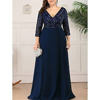 Women's Plus Size Curve Party Dress Sequin Dress Chiffon Dress Plain Long Dress Maxi Dress 34 Length Sleeve Patchwork V Neck Fashion Party Navy Blue Fall Winter L XL XXL 3XL 4XL Lightinthebox - thumbnail