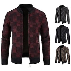 Men's Cardigan Sweater Zip Sweater Fall Sweater Ribbed Knit Regular Knitted Plaid Stand Collar Warm Ups Modern Contemporary Daily Wear Going out Clothing Apparel Winter Dark Navy Dark Gray M L XL Lightinthebox
