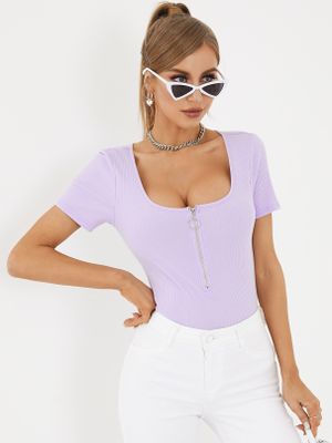 YOINS BASICS Women Sexy Square neck Plain Zipper Front Tee