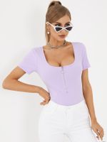 YOINS BASICS Women Sexy Square neck Plain Zipper Front Tee - thumbnail