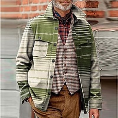 Stripe Casual Men's Shirt Shirt Jacket Shacket Outdoor Street Casual Daily Fall  Winter Turndown Long Sleeve Black Blue Purple S M L Shirt Lightinthebox