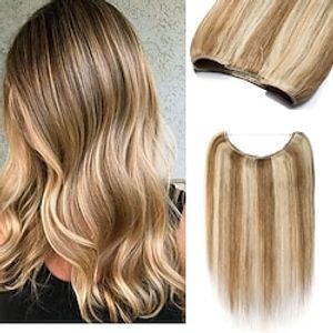 Halo Hair Extensions Human Hair Wire In Hair Extensions One Piece Secret Fish Line Transparent Invisible Rubber Band With 2 Clips Long Straight 10-26 Inch #12P613 Golden Brown  Bleach Blonde 100g miniinthebox