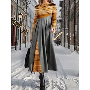 Women's Casual Dress Winter Dress Color Block Stripe Print Ruched Crew Neck Long Dress Maxi Dress Fashion Streetwear Outdoor Daily Long Sleeve Regular Fit Yellow Red Blue Fall Winter S M L XL XXL Lightinthebox