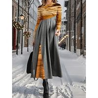 Women's Casual Dress Winter Dress Color Block Stripe Print Ruched Crew Neck Long Dress Maxi Dress Fashion Streetwear Outdoor Daily Long Sleeve Regular Fit Yellow Red Blue Fall Winter S M L XL XXL Lightinthebox - thumbnail