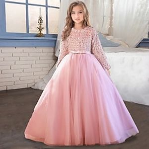 Kids Girls' Party Dress Solid Color Long Sleeve Formal Performance Graduation Sequins Adorable Princess Beautiful Polyester Maxi Party Dress Spring Fall Winter 2-12 Years Pink Lightinthebox