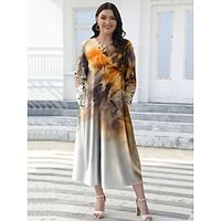 Women's Plus Size Curve Casual Dress Winter Dress Skater Dress Leaf Midi Dress Long Sleeve Pocket Print Crew Neck Fashion Outdoor Yellow Fall Winter L XL XXL 3XL 4XL Lightinthebox - thumbnail