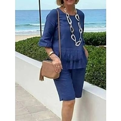 Women's Plus Size Loungewear Sets Pure Color Basic Casual Comfort Home Daily Vacation Cotton Breathable Crew Neck Half Sleeve Shirt Shorts Pocket Summer Spring Black Wine Lightinthebox