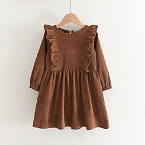 Kids Little Girls' Dress Solid Colored School Ruffle Brown Knee-length Long Sleeve Cute Sweet Dresses Autumn / Fall Spring Slim 2-6 Years miniinthebox