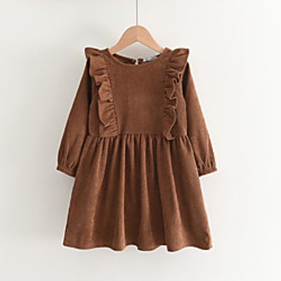Kids Little Girls' Dress Solid Colored School Ruffle Brown Knee-length Long Sleeve Cute Sweet Dresses Autumn / Fall Spring Slim 2-6 Years miniinthebox