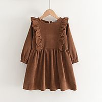 Kids Little Girls' Dress Solid Colored School Ruffle Brown Knee-length Long Sleeve Cute Sweet Dresses Autumn / Fall Spring Slim 2-6 Years miniinthebox - thumbnail