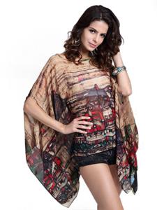 Brief Batwing Sleeves Printed Chiffon Tops For Women
