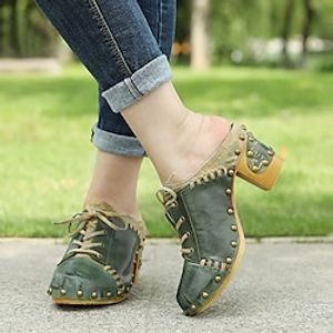 Women's Heels Sandals Hand Stitching Handmade Shoes Heel Sandals Daily Summer Lace-up Chunky Heel Round Toe Fashion Vintage Leather Sheepskin Loafer Solid Color Army Green miniinthebox