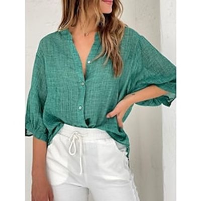 Women's Shirt Cotton Plain Brown Green Button 34 Length Sleeve Work Going out Casual V Neck Loose Fit Spring   Fall Lightinthebox