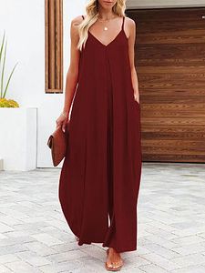 Solid Color Side Pocket Casual Wide-leg Suspender Jumpsuit