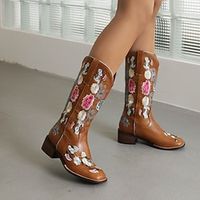 Women's Boots Cowboy Boots Plus Size Party Outdoor Daily Mid Calf Boots Winter Embroidery Chunky Heel Square Toe Bohemia PU Floral Embroidered Brown Lightinthebox - thumbnail