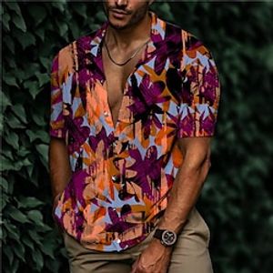 Men's Shirt 3D Print Floral Turndown Street Casual Button-Down Print Short Sleeve Tops Designer Casual Fashion Breathable Purple / Summer miniinthebox