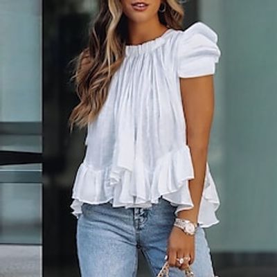 Shirt Blouse Women's Black White Blue Solid Color Ruffle Street Daily Fashion Round Neck S Lightinthebox Shirt Blouse Women's Black White Blue Solid Color Ruffle Street Daily Fashion Round Neck S Lightinthebox
