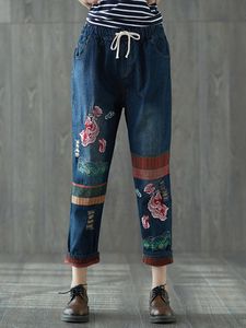Vintage Embroidery Elastic Waist Denim Pants