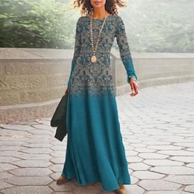 Women's Casual Dress Swing Dress Long Dress Maxi Dress Blue Long Sleeve Floral Print Winter Fall Crew Neck Vacation Casual Fall Dress 2022 S M L XL XXL / Winter Dress miniinthebox