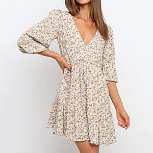 Women's A Line Dress Short Mini Dress Light Blue Long Sleeve Floral Patchwork Print Fall Spring V Neck Work Casual Boho Puff Sleeve 2021 S M L XL Lightinthebox
